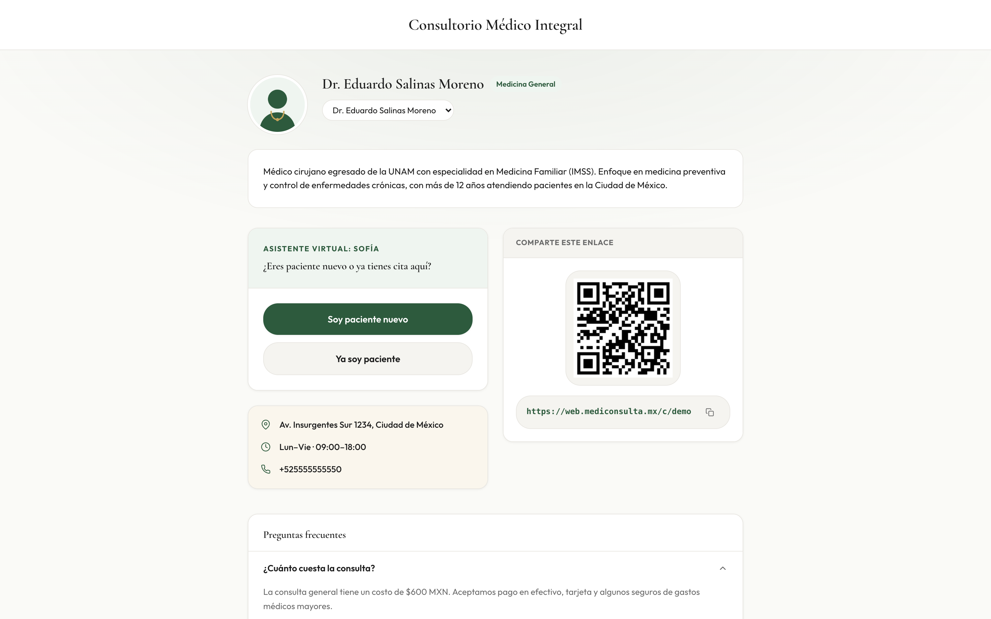 Página de reservas del consultorio con asistente de IA