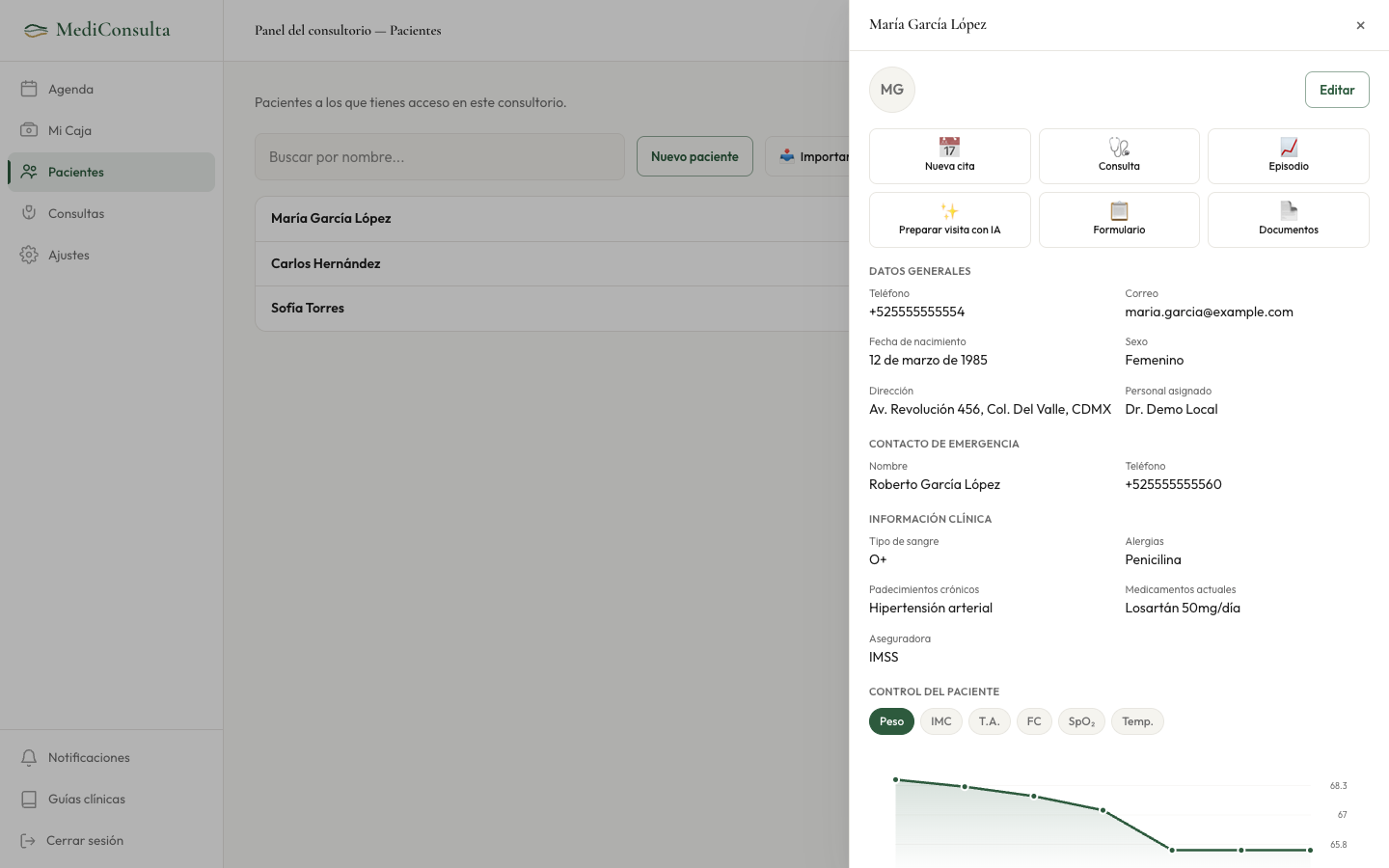 Captura de pantalla web — Expediente de pacientes